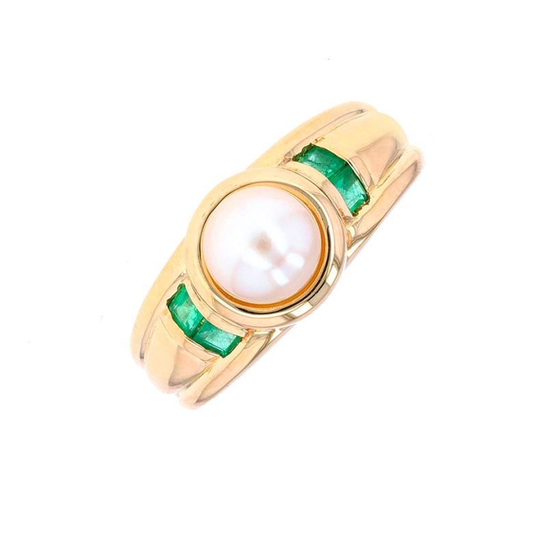 Bague perle et émeraudes 0.20 carat or jaune 6.42g Comme neuf -  reconditionné disponible sur Gemme Les Bijoux